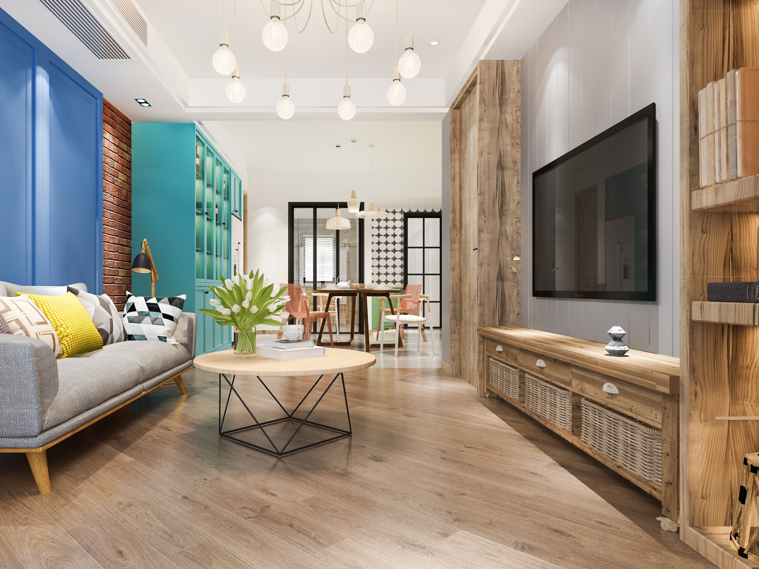 Modern apartment interior design with TV unit in Chennai
